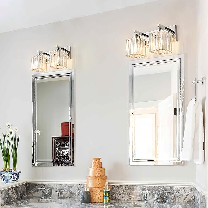 Modern Bathroom Vanity Light 2-Lights Chrome Crystal Bathroom Wall Light Vanity Light Fixtures，12.59-inch Modern Minimalist Design