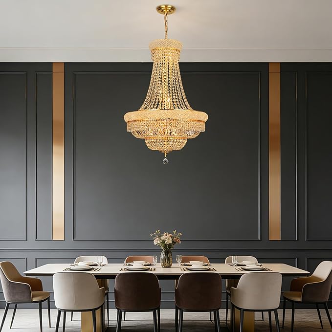 Crystal Chandeliers for Dining Room Light Fixture，Empire Style K9 Crystal Chandeliers for Entryway，18 Lights Gold Luxury Lighting Fixtures for Living Room Bedroom Foyer Hallway D26 Inch