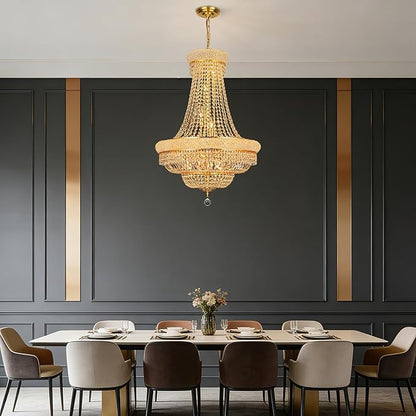 Crystal Chandeliers for Dining Room Light Fixture，Empire Style K9 Crystal Chandeliers for Entryway，18 Lights Gold Luxury Lighting Fixtures for Living Room Bedroom Foyer Hallway D26 Inch
