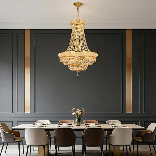 Crystal Chandeliers for Dining Room Light Fixture，Empire Style K9 Crystal Chandeliers for Entryway，18 Lights Gold Luxury Lighting Fixtures for Living Room Bedroom Foyer Hallway D26 Inch