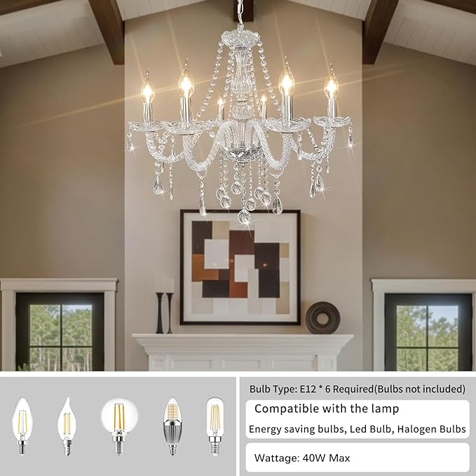 Crystal Chandeliers Classic Crystal Candle Chandelier Lighting, Vintage 6 Lights Pendant Ceiling Fixture Lamp for Dining Room Bedroom Island Hallway Wedding Decoration