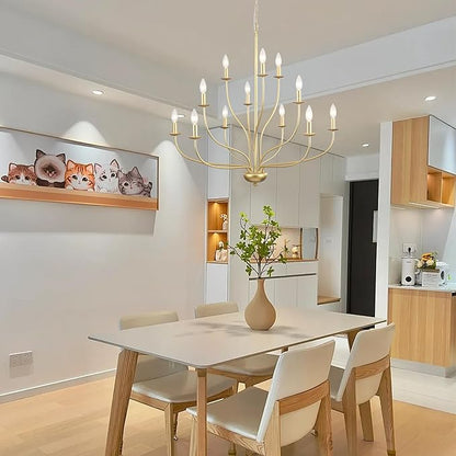 Gold Chandelier 12 Light, Large Painted Gold Light Fixture Modern Suspended Farmhouse Dining Table Candle Brass Chandelier Lighting for Bedroom Hallway Entryway Living Room Kitchen 34in Chandeliers