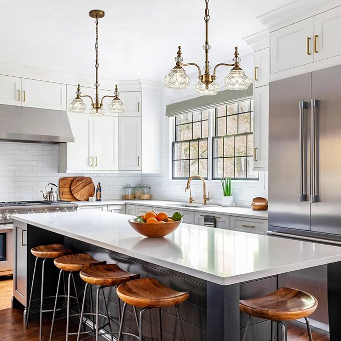 Vintage Pendant Light Fixture, Modern 3 Lights Brass Glass Pendant Lighting Matte Brushed Antique Chandelier Brass Finish with Crystal Glass Shade Vintage Chandeliers for Kitchen Island