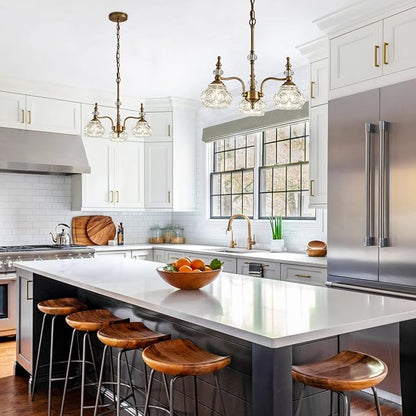 Vintage Pendant Light Fixture, Modern 3 Lights Brass Glass Pendant Lighting Matte Brushed Antique Chandelier Brass Finish with Crystal Glass Shade Vintage Chandeliers for Kitchen Island