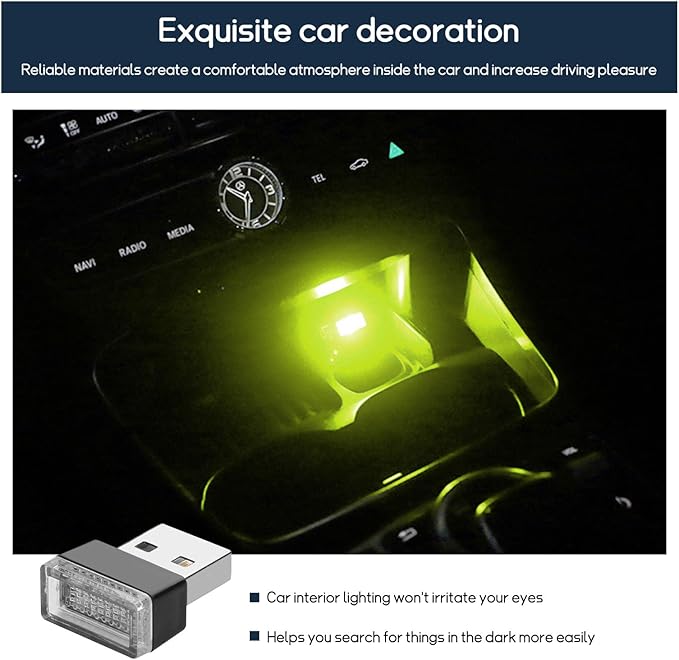 Dickno 4 PCS USB LED Car Interior Atmosphere Lamp, Portable Mini LED Night Light, Plug-in USB Interface Trunk Ambient Lighting Kit, Universal Vehicle Interior Accessories (Yellow)
