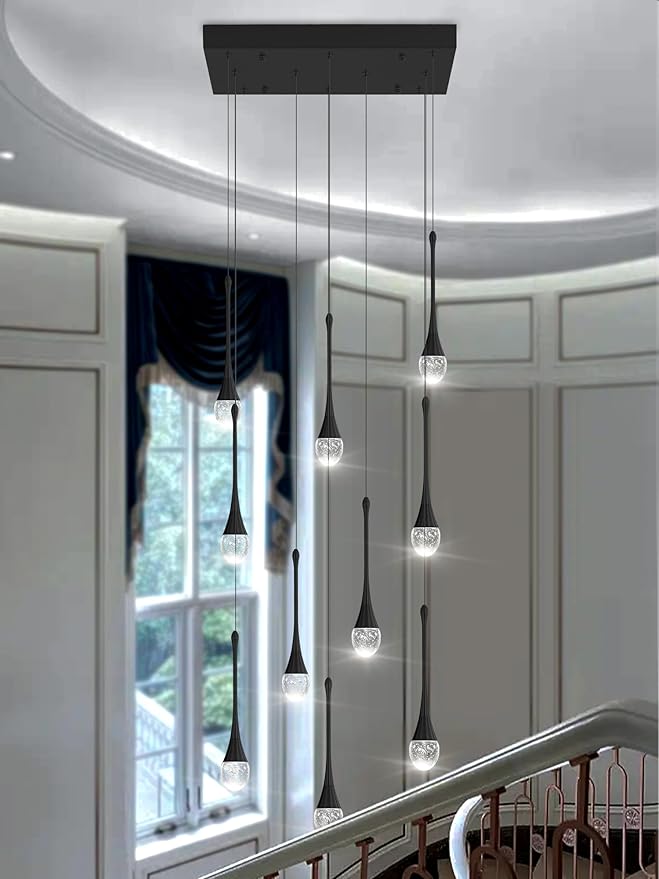 ykolupty Rectangular Chandeliers for Living Room Black Dining Room Lights Fixture Raindrop Pendant Lights Kitchen Island Crystal Chandelier for Staircase Hallway Foyer Entryway