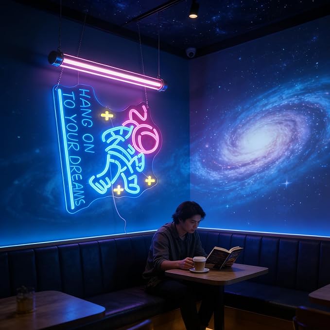 "Hang on to Your Dreams" Tired Astronaut Neon Light - Motivational Space Themed LED Wall Art, Dimmable USB Night Light with Hanging Kit, Inspiring Study Bedroom Decor Gift for Students & Dreamers