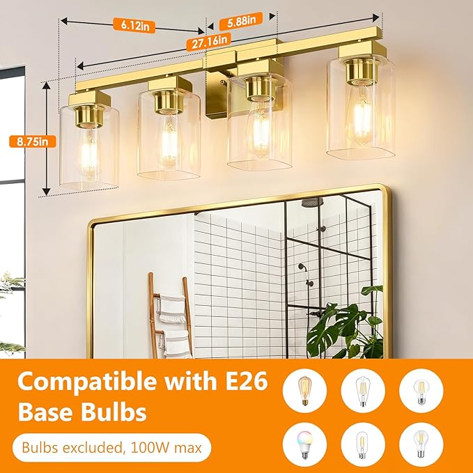 BesLowe 27" 4-Light Bathroom Light Fixture, Modern Gold Bathroom Vanity Light, Bathroom Lighting Fixtures Over Mirror, Matte Gold Bathrom Wall Lamp, Wall Lights for Living Room Bedroom