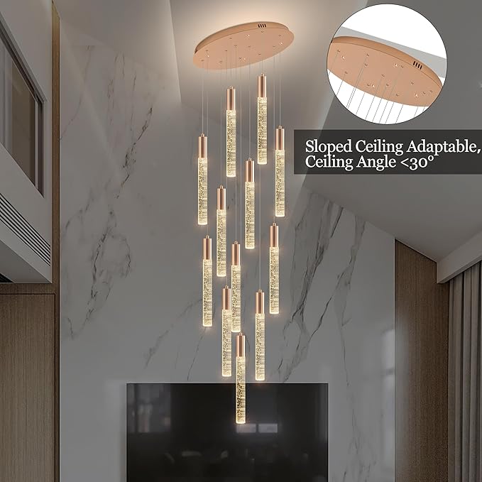 Modern High Ceiling Crystal Chandelier 12-Lights, Large Spiral LED Raindrop Foyer Pendant Lighting, Bubble Staircase Living Room Hanging Light Fixture Flush Mount Gold
