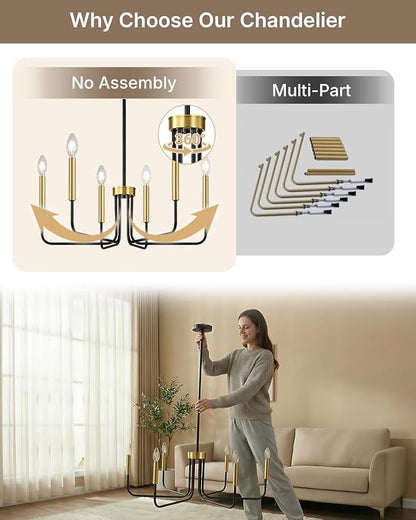 Yunnix Black and Gold Chandelier 6-Light Modern Pendant Hanging Light Fixture for Dining Room, Bedroom Pendant Ceiling, Foyer Entryway, Kitchen Island