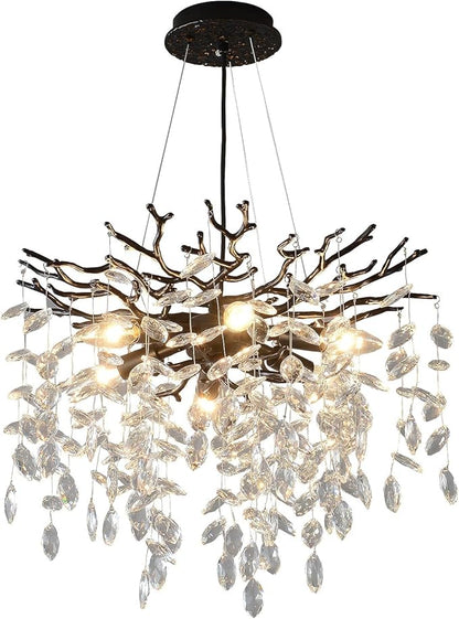 EGM Black Tree Branch Crystal Chandelier, 18 Inch Modern Dining Room Crystal Chandelier 6-Light(E12), Hanging Round Chandeliers for Living Room Bedroom Foyer