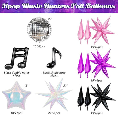 JOGAMS 175Pcs Dark Night Kpop Hunter Balloons Arch Kit, Black Metallic Pink Purple Disco Balloons with Iridescent Star Music Note Foil Balloons for K-Pop Music Disco Theme Birthday Concert-Style Stage