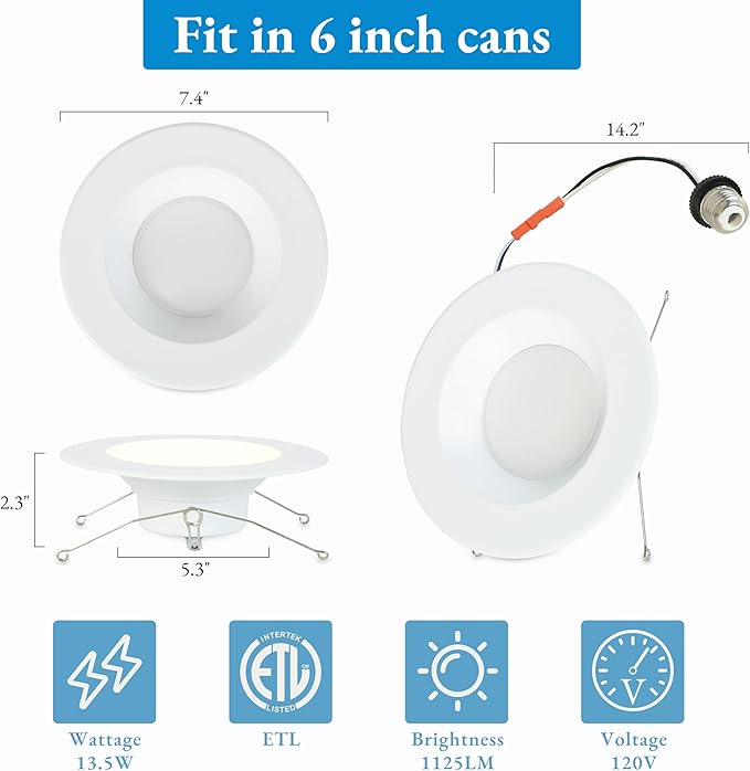 KSANA Recessed Lighting 6 Inch, 5CCT White LED Can Lights for Ceiling, 5 Colors Selectable-2700K/3000K/3500K/4000K/5000K,13.5W=90W, Dimmable Retrofit Downlight with Baffle Trim