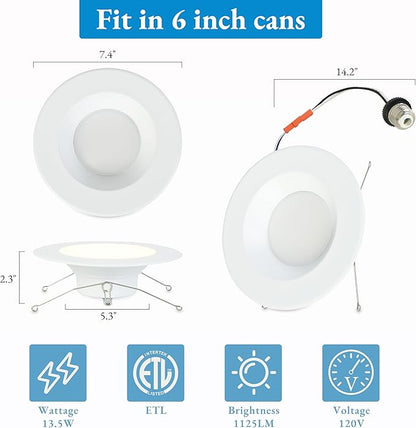 KSANA Recessed Lighting 6 Inch, 5CCT White LED Can Lights for Ceiling, 5 Colors Selectable-2700K/3000K/3500K/4000K/5000K,13.5W=90W, Dimmable Retrofit Downlight with Baffle Trim