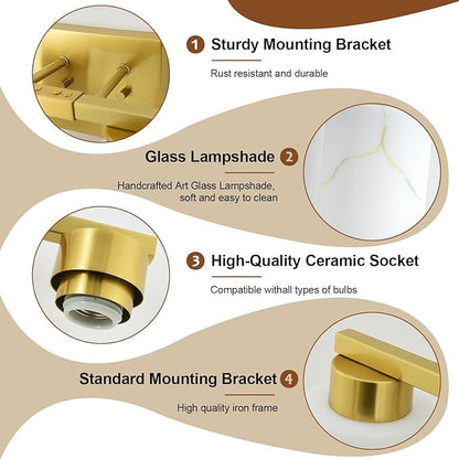 5-Light Bathroom Light Fixtures, Modern Vanity Lights, Gold Metal Wall Lamp with White Marble Glass for Bathroom, Mirror, Living Room, Bedroom, Cabinet, Porch, Hallway, E26 Base