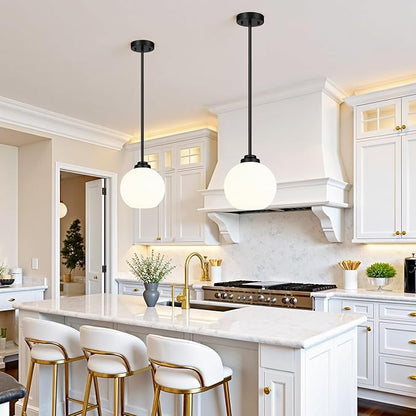 2 Pack 7.2-Inch Globe Pendant Lights, Mid Century Matte Black Pendant Light Fixtures, Globe Pendant Lights Kitchen Island with Milk Glass Shade Hanging Fixture for Dining Room Bulbs not Included