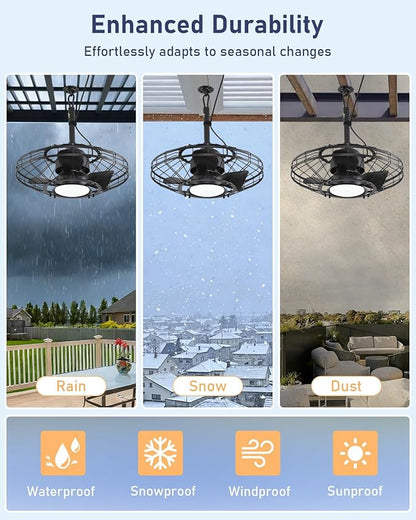 AHAWILL 20" Outdoor Ceiling Fan with Light,Waterproof Gazebo Fan with Hanging Hook,6-Speed Reversible Motor,Memory 3CCT,Plug-in Caged Ceiling Fan with Smart App Control for Patio Porch (Black)