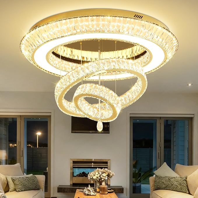 Led 40'' Gold Ring Crystal Chandelier,Modern Luxury Ceiling Lights Fixture for Dining Living Room 3-Tier Raindrop Chandeliers Lighting LED Dimmable 3000-6000K