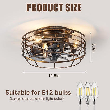 Farmhouse Caged Ceiling Fan with Light, Remote Control Flush Mount Fan Lights Ceiling Fixtures 12 In, 6 Speeds Bladeless Quiet Reversible Motor Indooor Lights for Living Room, Bedroom, Black and Gold