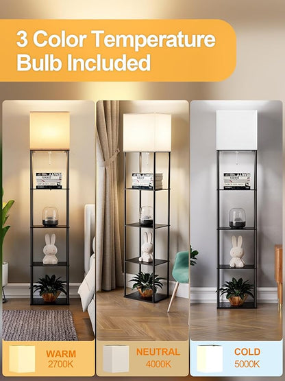 Large Floor Lamp with Shelves, 5-Tier Tall Floor lamp with for Living Room, Shelf Floor Lamp with 3 CCT LED Bulb, Corner Display Standing Column Lamp, Etagere Organizer Tower Nightstand for Bedroom