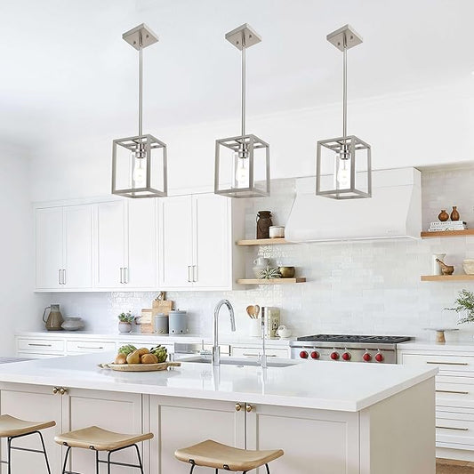 MELUCEE 3-Light Dining Table Light Sloped Ceiling Light Fixture with Clear Glass Shade, Brushed Nickel Pendant Lights Kitchen Island Adjustable Hanging Ceiling Lamp for Hallway Bathroom, 3 Pack