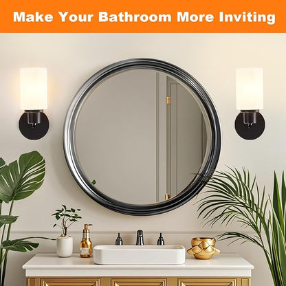 DLLT Wall Sconces Set of Two: Modern Bathroom Vanity Light Fixtures - Matte Black Vanity Lights with Milky White Glass Shade - Farmhouse Wall Lamp for Bedroom Living Room Mirror Hallway Kitchen
