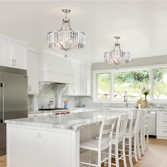 Brushed Nickel Chandeliers for Dining Room 21.7 Inch Crystal Light Fixture 6-Light Modern Farmhouse Round Large Chandeliers for Kitchen Hallway Bedroom Foyer Adjustable Height Hanging Lamp