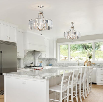 Brushed Nickel Chandeliers for Dining Room 21.7 Inch Crystal Light Fixture 6-Light Modern Farmhouse Round Large Chandeliers for Kitchen Hallway Bedroom Foyer Adjustable Height Hanging Lamp