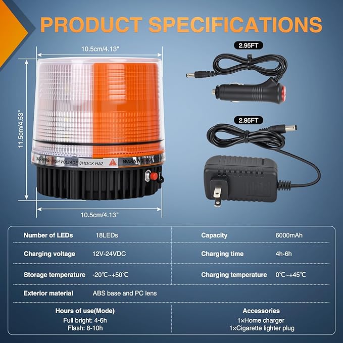 Nilight 18LED Strobe Lights Amber White Wireless Rotating Emergency Safety Flashing Beacon Light with Magnetic Base Mount and Two Types of Plugs for Vehicle UTV Truck Forklift Tractor Snow Plow
