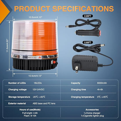 Nilight 18LED Strobe Lights Amber White Wireless Rotating Emergency Safety Flashing Beacon Light with Magnetic Base Mount and Two Types of Plugs for Vehicle UTV Truck Forklift Tractor Snow Plow
