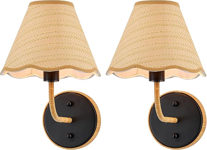 Elycucpa 11” Boho Hand Woven Rattan Wall Sconces Set of Two Rustic Industrial Wall Lamp Black Farmhouse Wall Lights for Bedroom Living Room Hallway Vanity, UL Listed