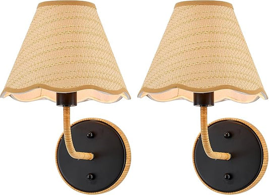 Elycucpa 11” Boho Hand Woven Rattan Wall Sconces Set of Two Rustic Industrial Wall Lamp Black Farmhouse Wall Lights for Bedroom Living Room Hallway Vanity, UL Listed