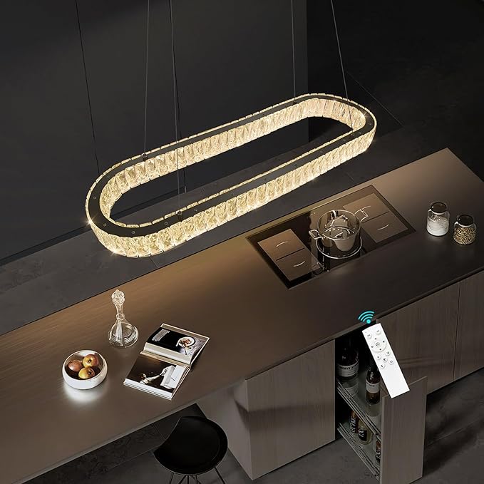 HAIXIANG LED Long Chandeliers for Dining Table Modern Chandelier Dimmable Pendant Lights Crystal Rectangular Glam Lighting Fixtures for Dining Room Kitchen Island Black