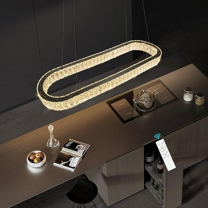 HAIXIANG LED Long Chandeliers for Dining Table Modern Chandelier Dimmable Pendant Lights Crystal Rectangular Glam Lighting Fixtures for Dining Room Kitchen Island Black