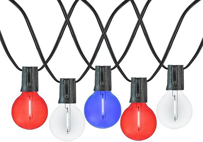 Novelty Lights G40 Filament LED String Light, Translucent Red/White/Blue Bulbs, 25 Globe Lights with 12" Spacing on Black Wire, Indoor/Outdoor Festive Patio Lights