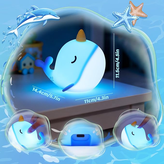 OkiyiD Blue Narwhal Night Light, Cute Squishy Silicone Lamp, Dimmable Touch Control Narwhal Gifts for Boys Girls, Ocean Animal Nursery Lamp for Birthday Christmas Decor