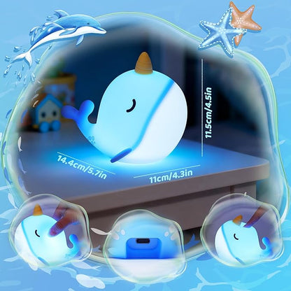OkiyiD Blue Narwhal Night Light, Cute Squishy Silicone Lamp, Dimmable Touch Control Narwhal Gifts for Boys Girls, Ocean Animal Nursery Lamp for Birthday Christmas Decor