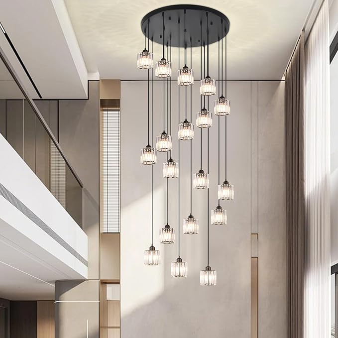 Long Raindrop Crystal Chandelier for High Ceilings Modern Crystal Long Pendant Light, Staircase Foyer Entryway Pendant Light,Raindrop Drop Lamp, Large 23.6" Black Ceiling Plate18 Lights