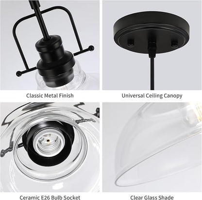 WILON Farmhouse Pendant Lights Kitchen Island Lighting, Black Pendant Light Over The Sink, Vintage Clear Glass Pendant Light, Industrial Hanging Light Fixture for Dining Room Over Table Bar Foyer