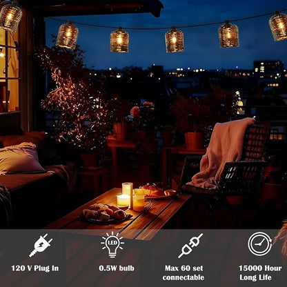 Natural Rattan String Lights, 10 Rustic Raffia Cage, 13 Ft Plug in & Connectable Wicker Lights,Black Rattan