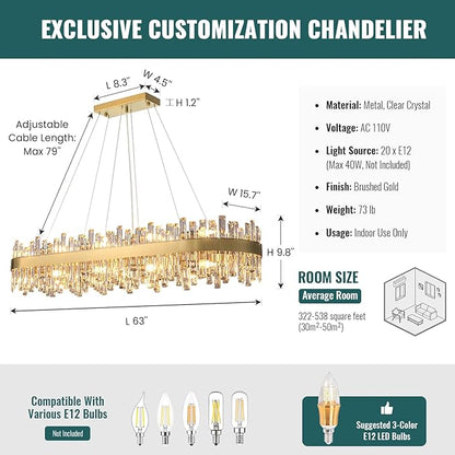 Siljoy Modern Crystal Chandelier, L52'' Luxury Rectangular Brushed Brass Gold Crystal Raindrop Chandelier Large Oval Crystal Pendant Ceiling Light Fixture for Dining Room Kitchen Island, E12 x 20