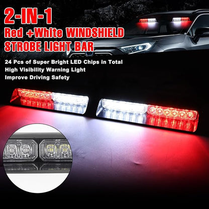 2-In-1 Red & White LED Windshield Dash Strobe Lights, 26 Modes 12/24V Red White Warning Light, Emergency Traffic Advisor Front/Rear Window Dash Strobe Lights for Trucks Vehicles