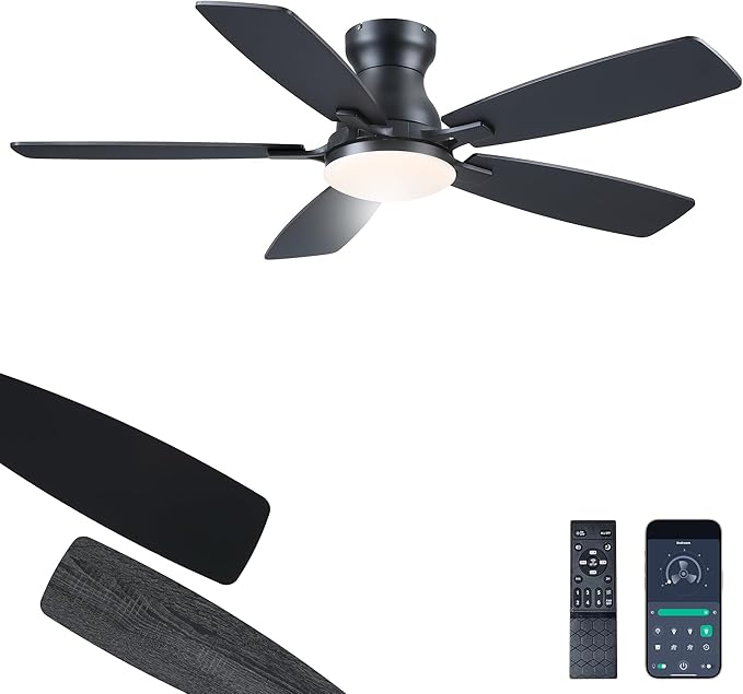 JSAITEE Ceiling Fans with Lights Flush Mount - 46" Low Profile Ceiling Fan with 5 Dual-Sided Blades and 6 Speeds 3CCT Dimmable, Modern Indoor Fan Light Fixtures for Bedroom, Kitchen, Black