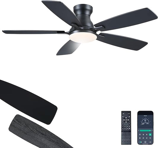 JSAITEE Ceiling Fans with Lights Flush Mount - 46" Low Profile Ceiling Fan with 5 Dual-Sided Blades and 6 Speeds 3CCT Dimmable, Modern Indoor Fan Light Fixtures for Bedroom, Kitchen, Black
