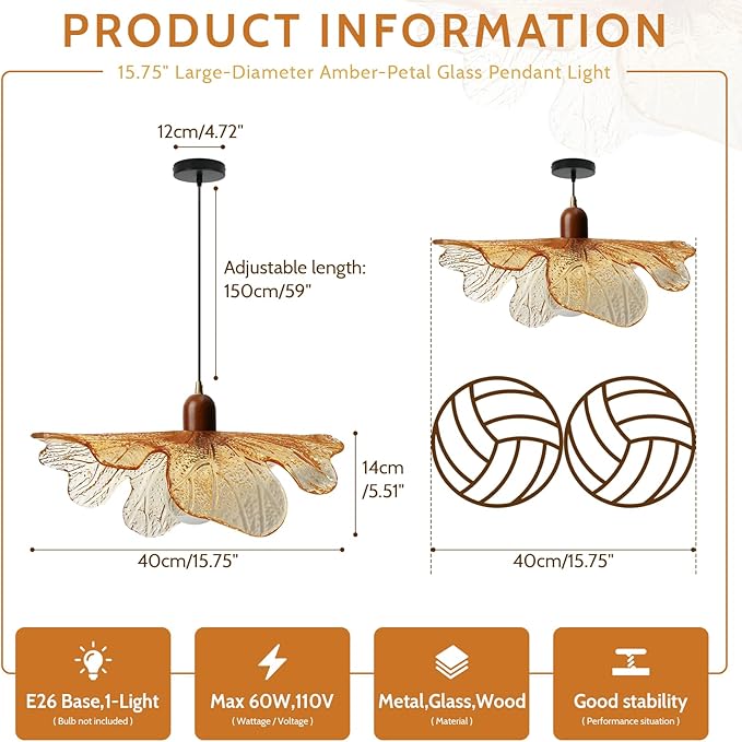 15.75" Large Flower Petal Adjustable Hanging Ceiling Light, Amber Glass Pendant Light Mid-Century Modern Wood & Metal Pendant Lamp for Dining Room Kitchen Island