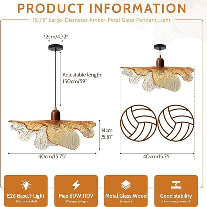 15.75" Large Flower Petal Adjustable Hanging Ceiling Light, Amber Glass Pendant Light Mid-Century Modern Wood & Metal Pendant Lamp for Dining Room Kitchen Island