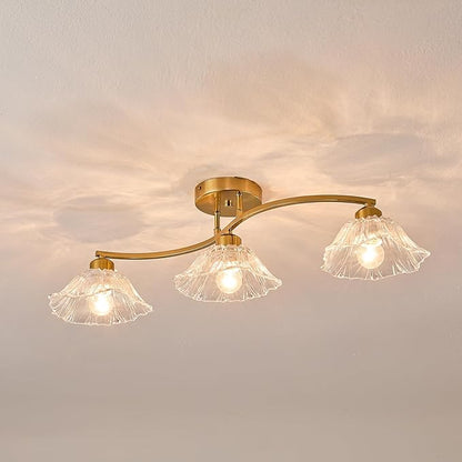 Semi Flush Mount Ceiling Light Fixture,3 Lights Modern Glass Shade Chandelier, Mini Ceiling Fixture for Entryway, Kitchen, Bedroom, Golden
