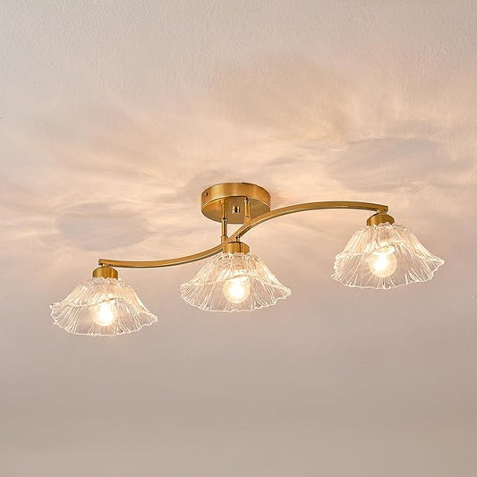 Semi Flush Mount Ceiling Light Fixture,3 Lights Modern Glass Shade Chandelier, Mini Ceiling Fixture for Entryway, Kitchen, Bedroom, Golden