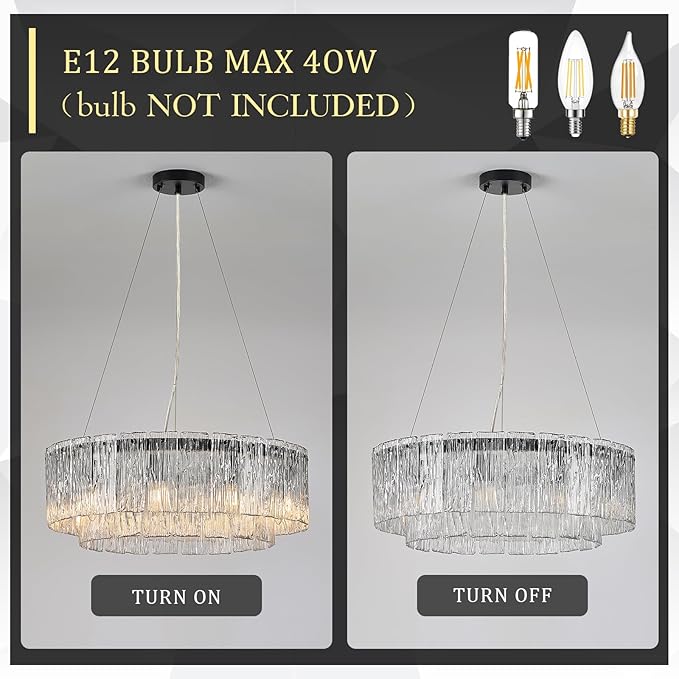 CATINER Modern Crystal Glass Round Chandelier 24”Black Chandeliers 10-Light Drum Pendant Ceiling Light Fixtures Luxury 2 Tiers Hanging Lighting for Dining Room Foyer Living Room Bedroom