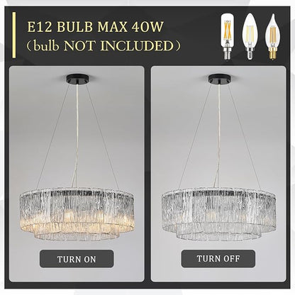 CATINER Modern Crystal Glass Round Chandelier 24”Black Chandeliers 10-Light Drum Pendant Ceiling Light Fixtures Luxury 2 Tiers Hanging Lighting for Dining Room Foyer Living Room Bedroom